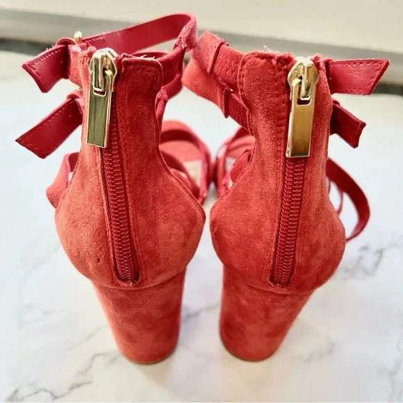Bleecker & Bond Mindy Heels Womens Size 8 Cage Chunky Sandals Red Suede Strappy - Picture 4 of 12